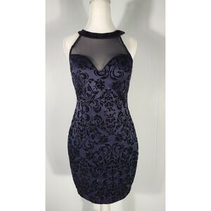 Honey & Rose Halter Mini Dress Party Cocktail‎ Bodycon Floral Velvet Navy Blue